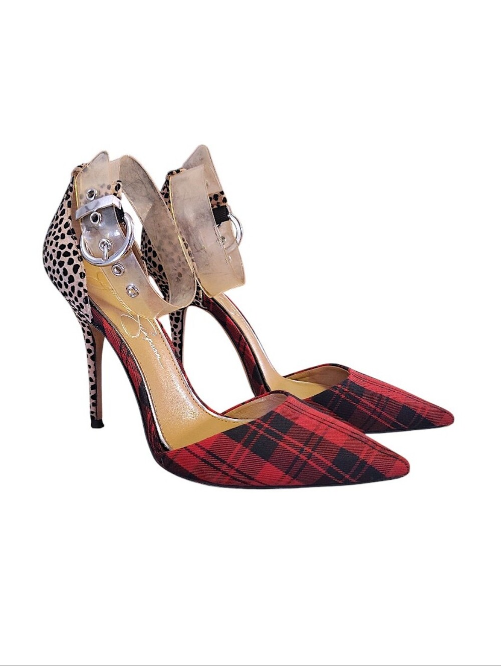Y2K Jessica Simpson Waldin Red Black Plaid Animal Print Heels SZ 8 Clear Strap